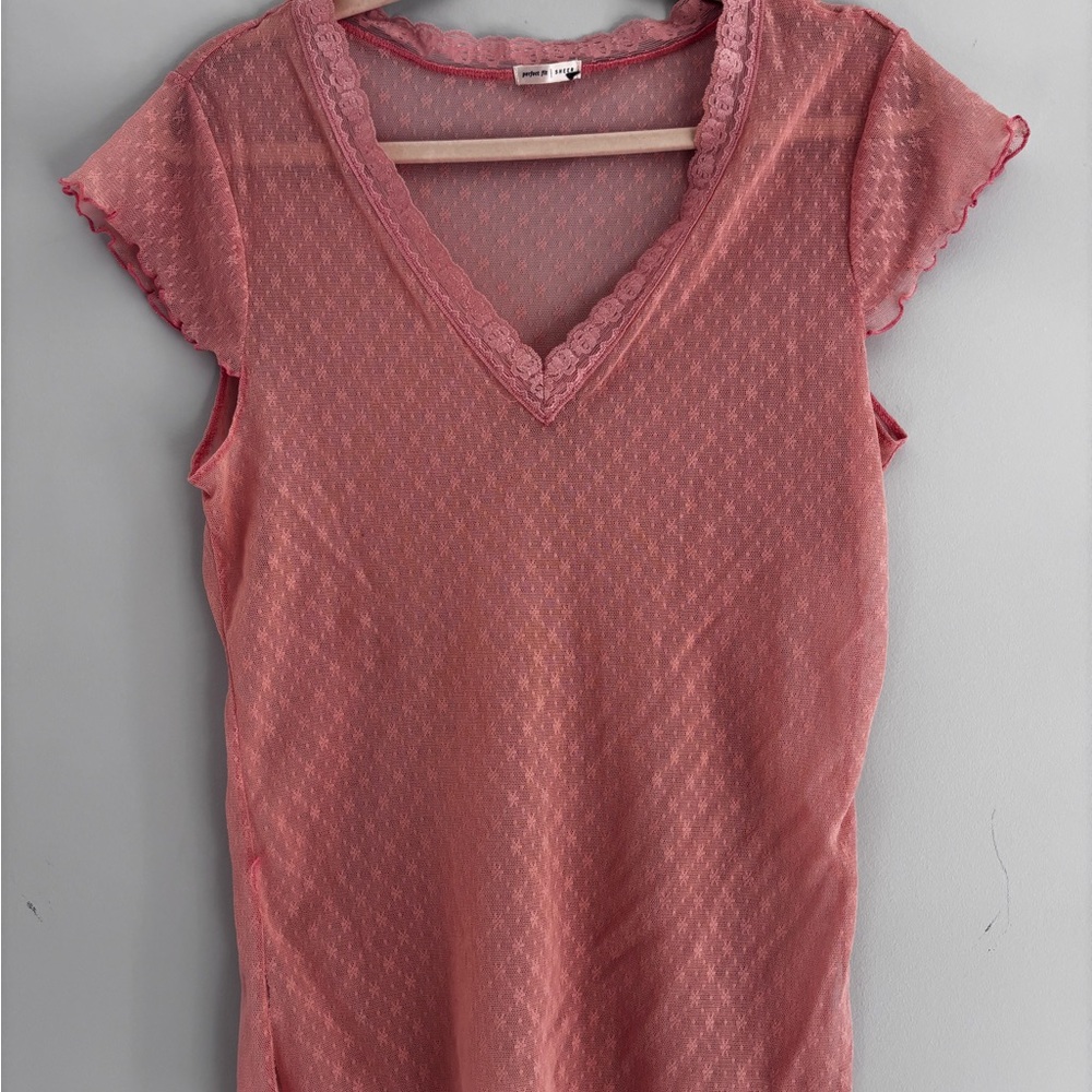 NWoT Pale Pink Sheer Mesh Lace Trim Flutter Cap Sleeve Top